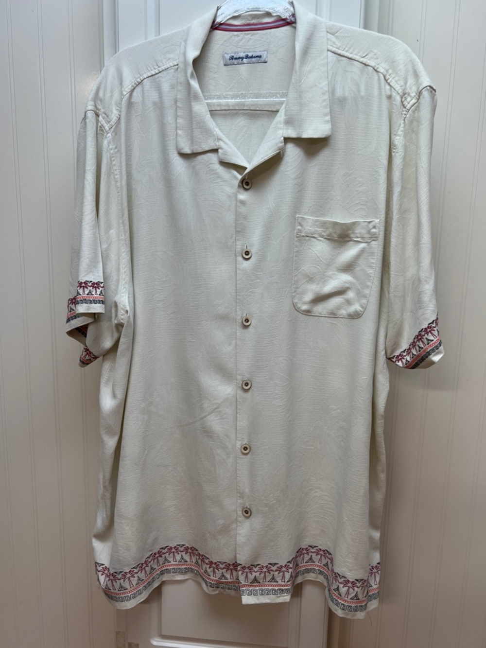 Tommy Bahama Cream Short-Sleeve Camp Shirt with Red Accent Trim